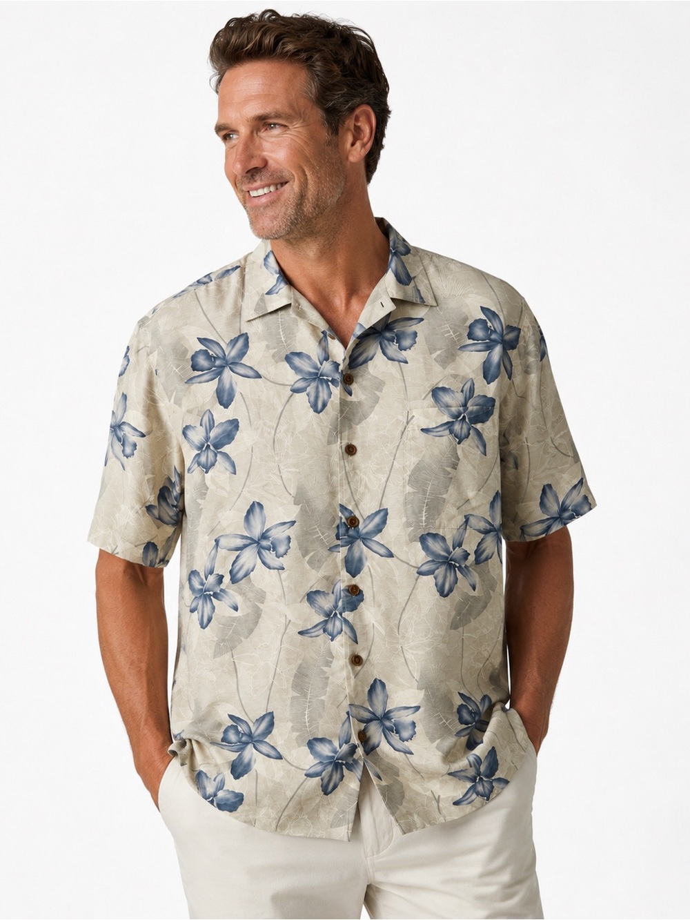 Tommy Bahama Hawaiian Floral 100% Silk Camp Shirt Beige Blue Mens XL